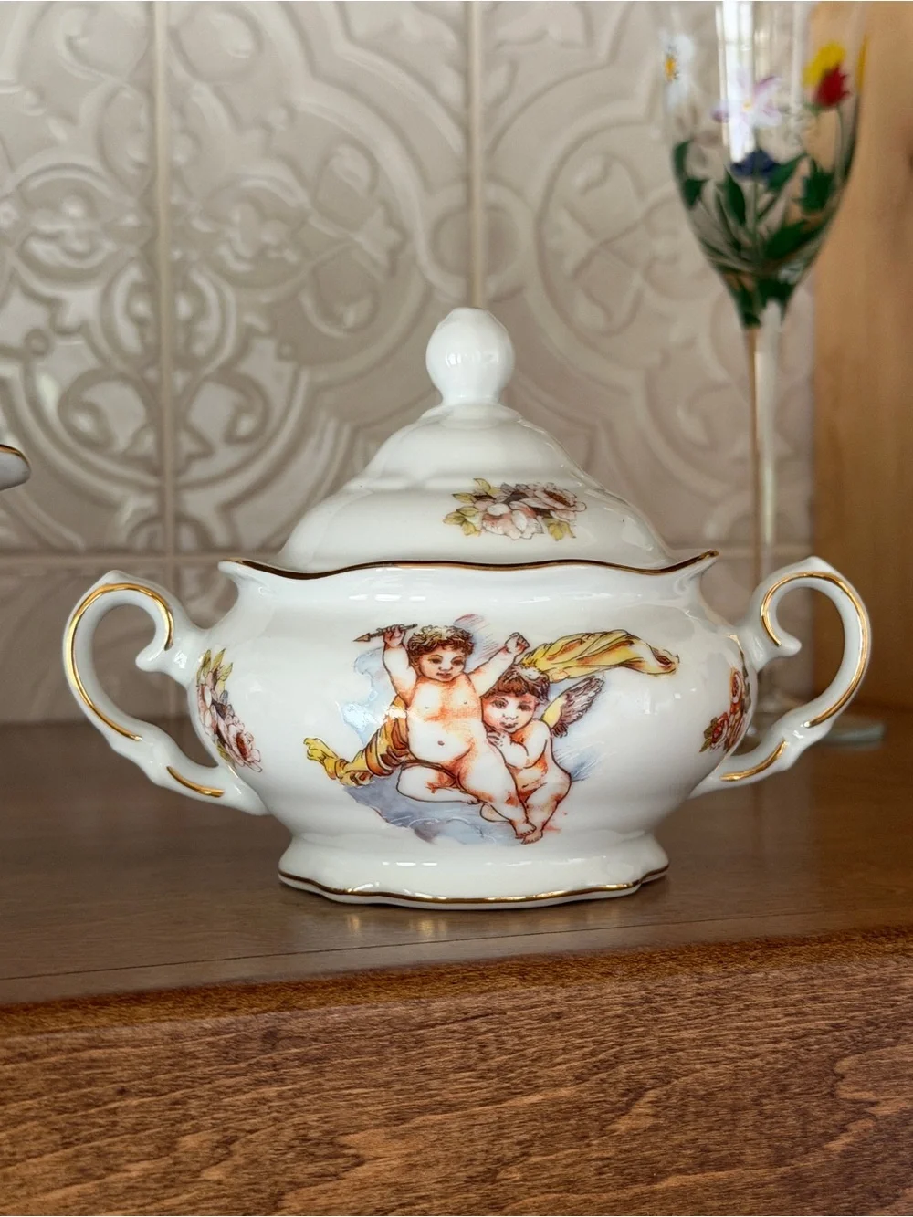Porcelain Cherub Tea Set - White with Gold Trim